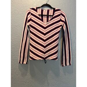 Striped Drawstring Knit Top Red Navy White Long‎ Sleeve Sweater